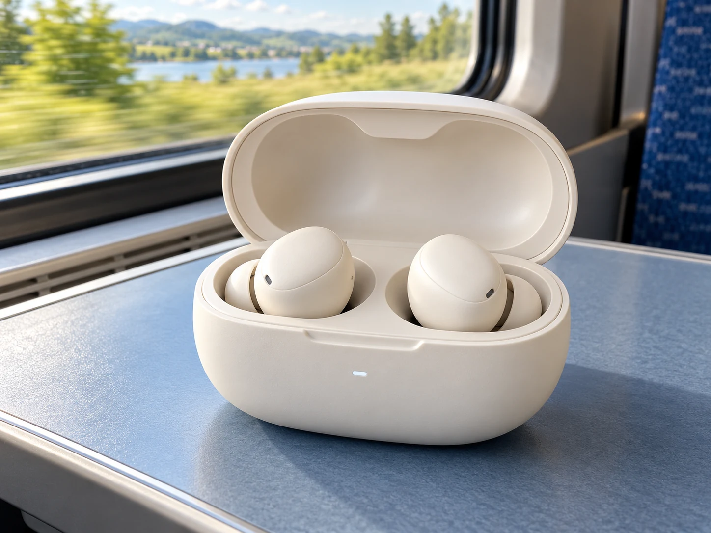 Căști compacte Air Pods în cutia de încărcare, lângă fereastra unui tren