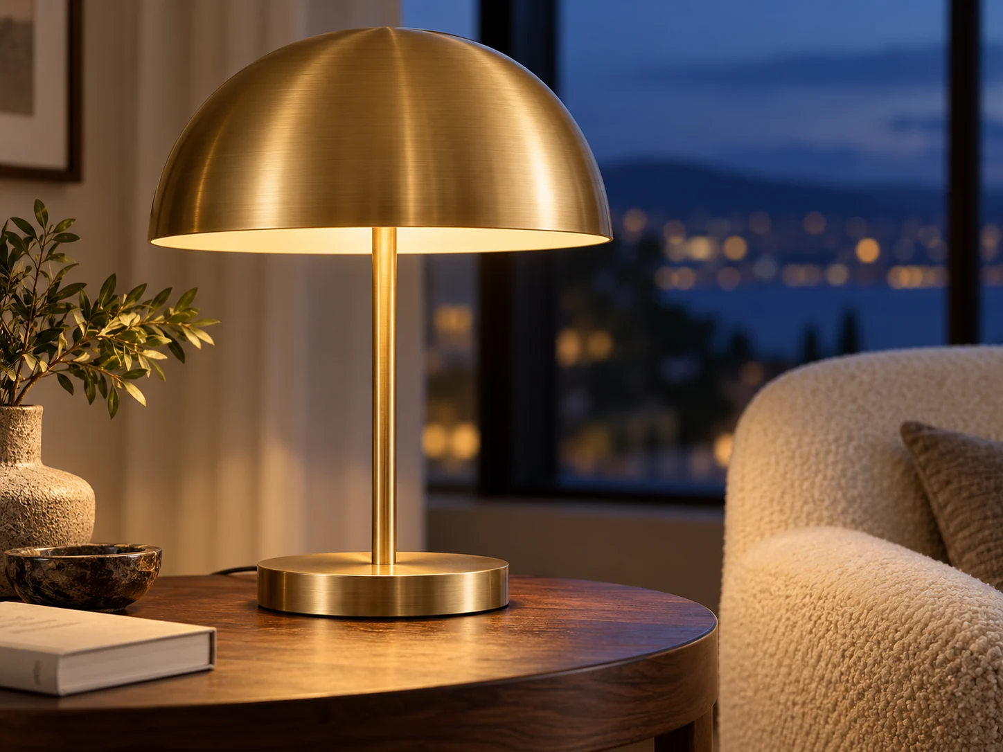 Lampă Arc Light din alamă, într-un colț de lectură cu lumină caldă