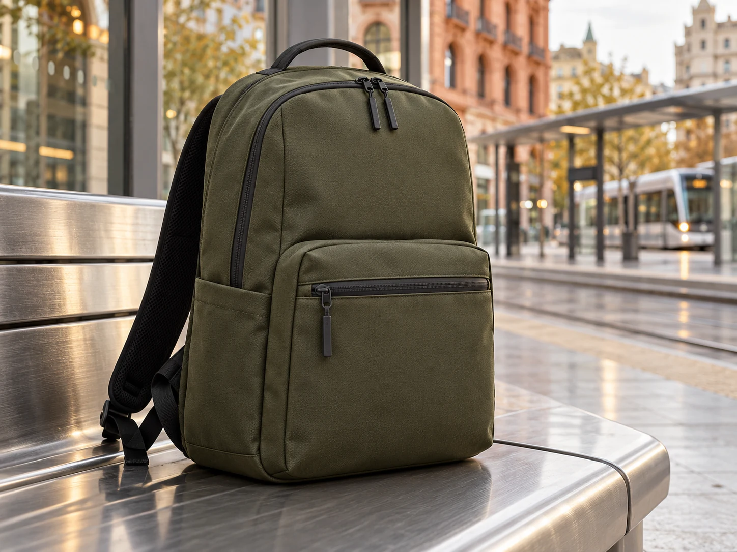 Rucsac Everyday verde măsliniu, pe o bancă într-o stație urbană