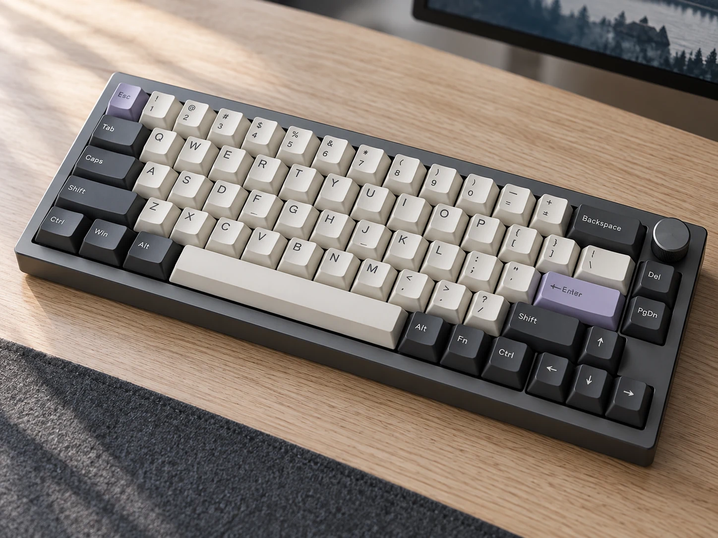 Tastatură mecanică Key Flow pe un birou luminos din lemn