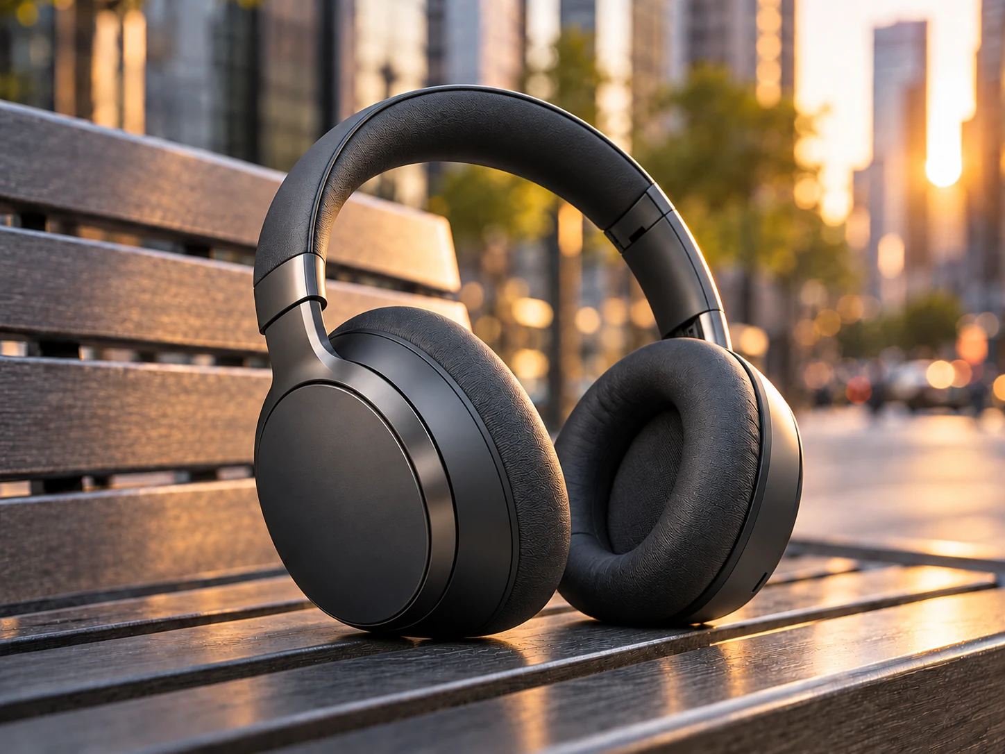 Căști wireless Studio One grafit, pe o bancă urbană în lumina apusului